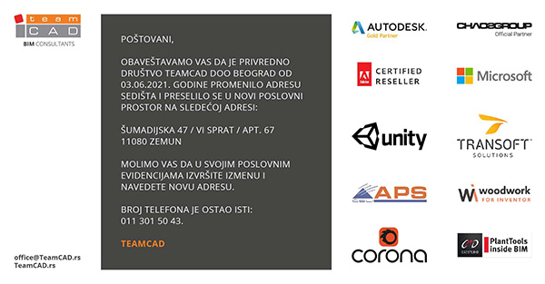 TeamCAD - promena adrese sedišta